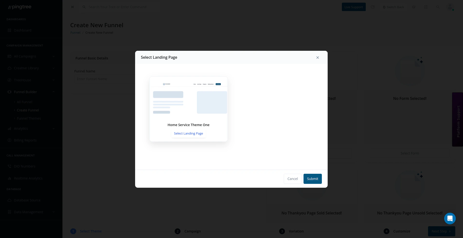 Theme selection modal showing available landing page templates