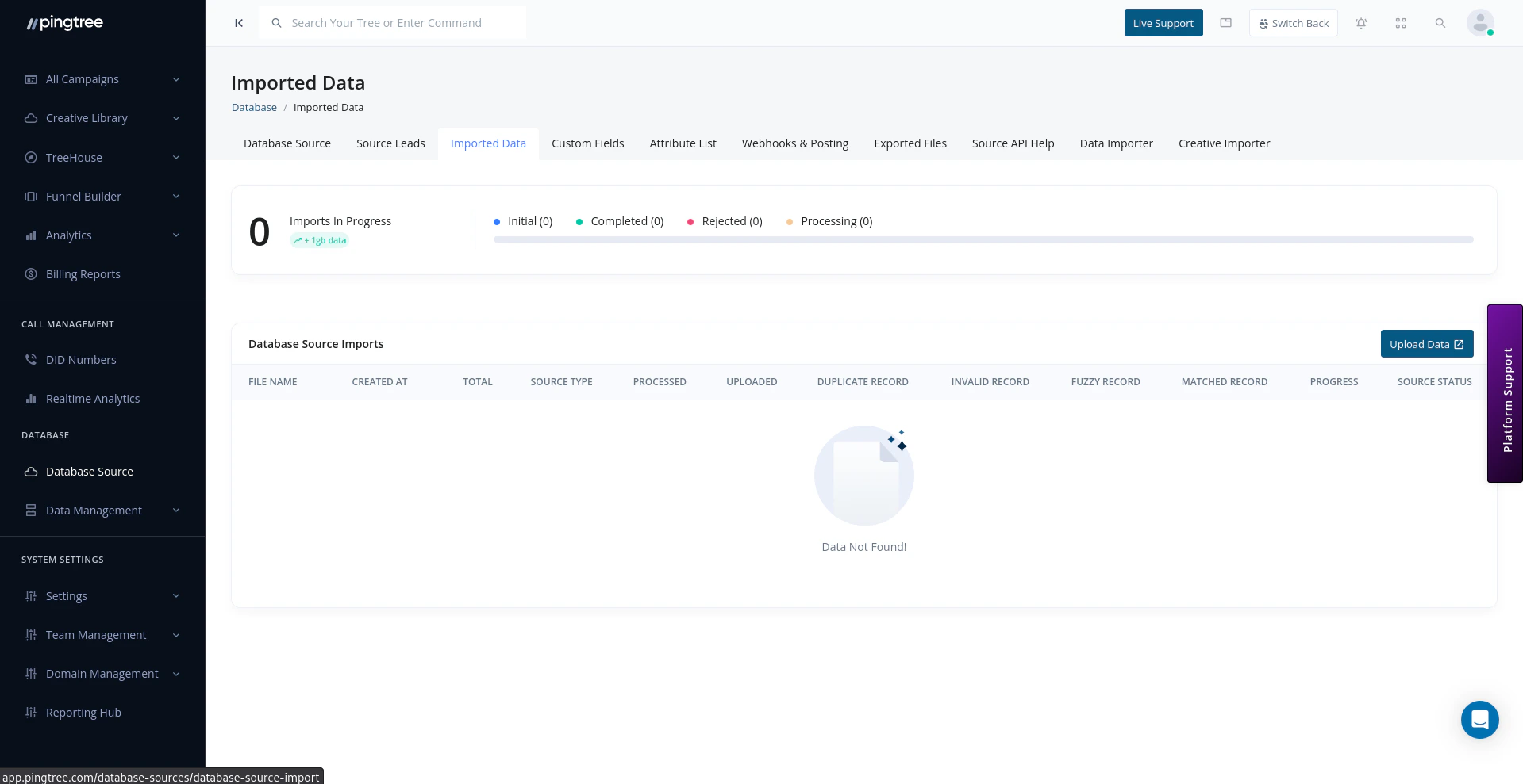 Imported Data view with import progress and file history