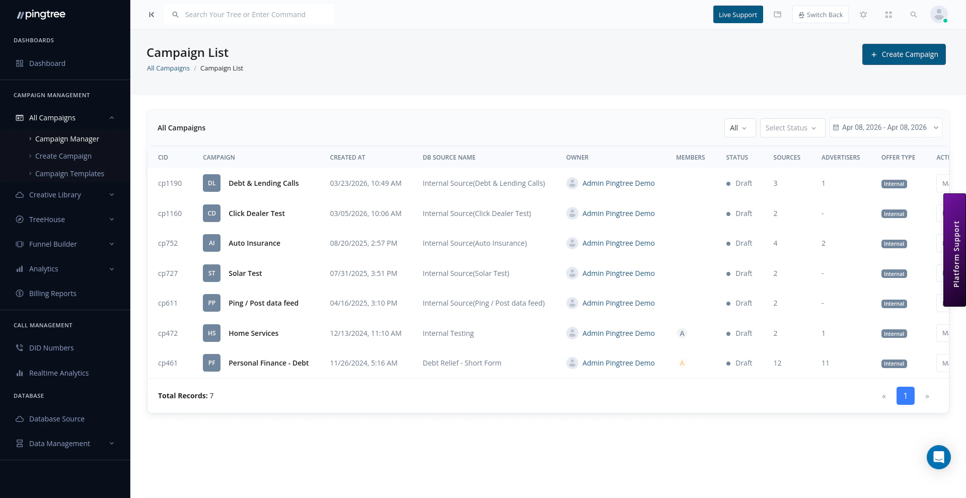 Campaign list view with search filters and action menu