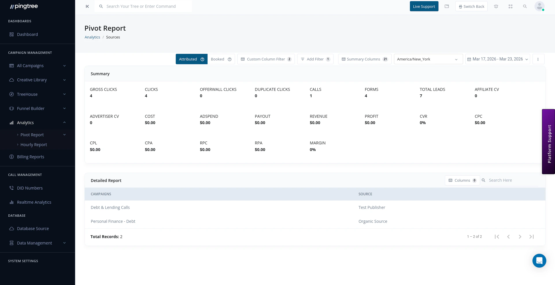 Pivot report with summary metrics, filters, and detailed campaign breakdown