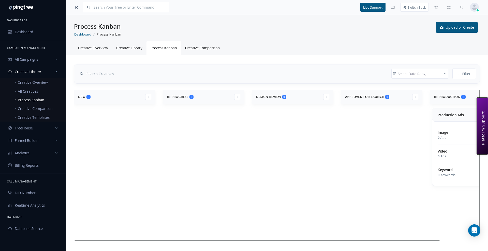 Creative process kanban board with workflow stages