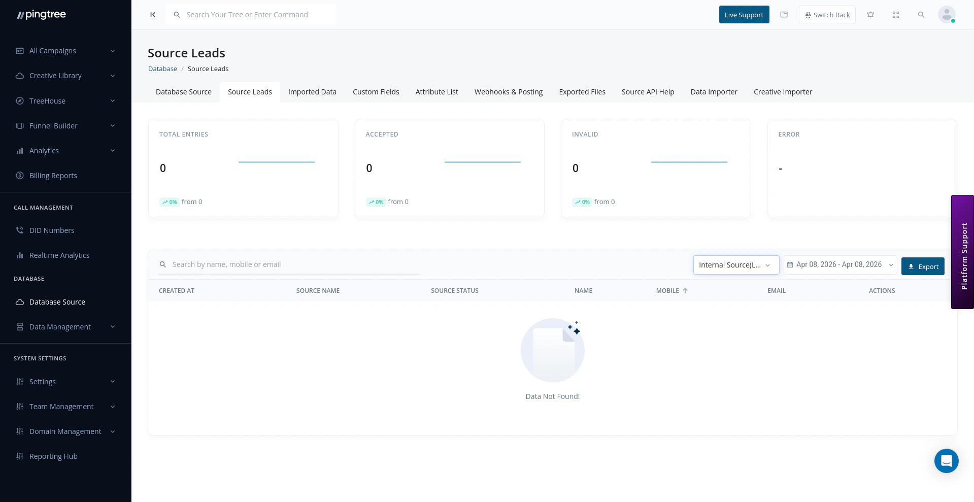 Source Leads view with search, filters, and lead summary cards