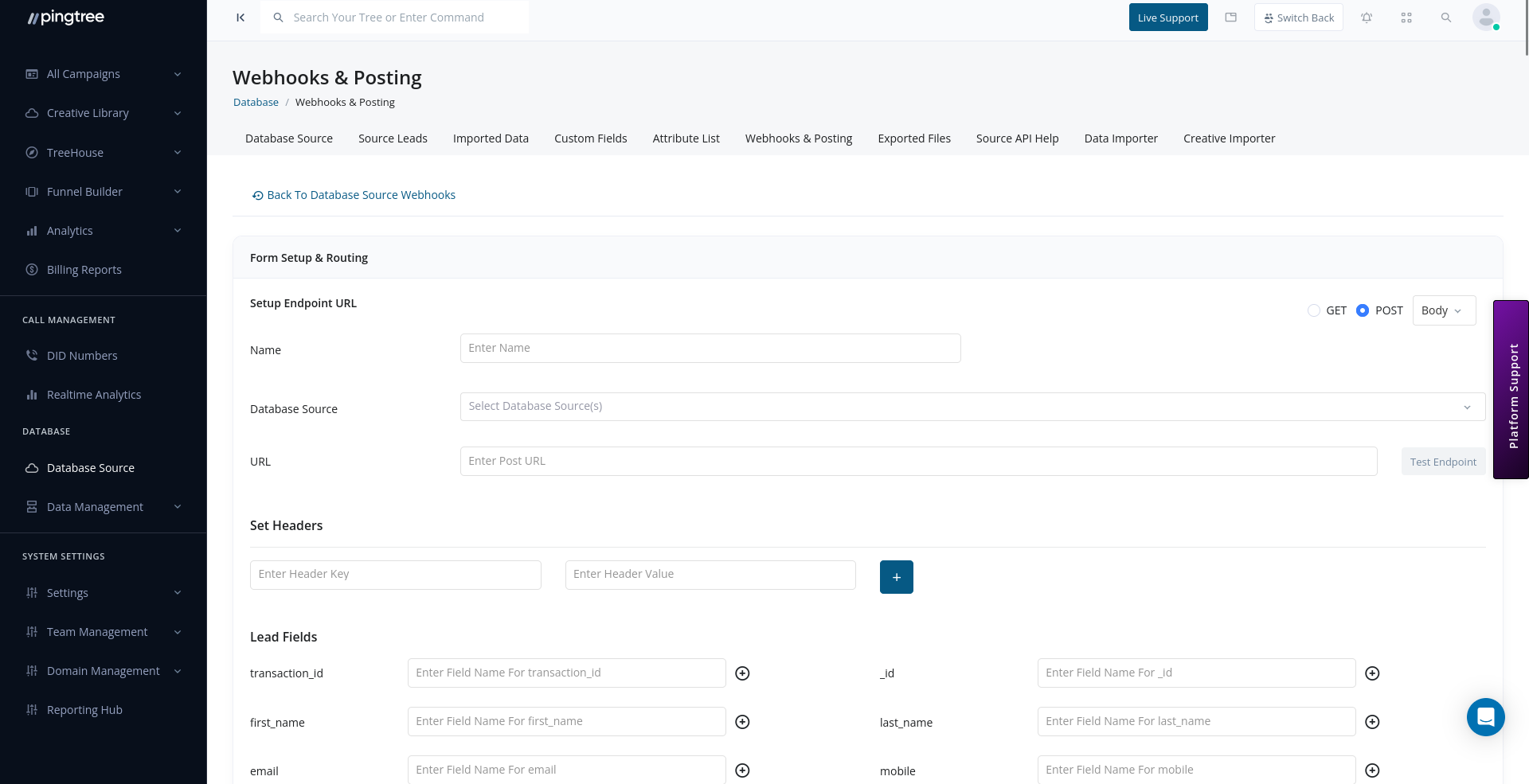 Webhook post-out configuration with endpoint URL, headers, and field mapping