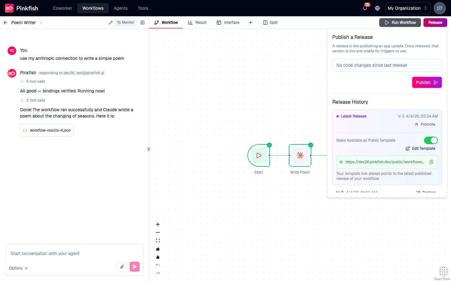 Release dropdown open showing the Release History entry with the Make Available as Public Template toggle switched on, the generated public URL, and a Copy button.