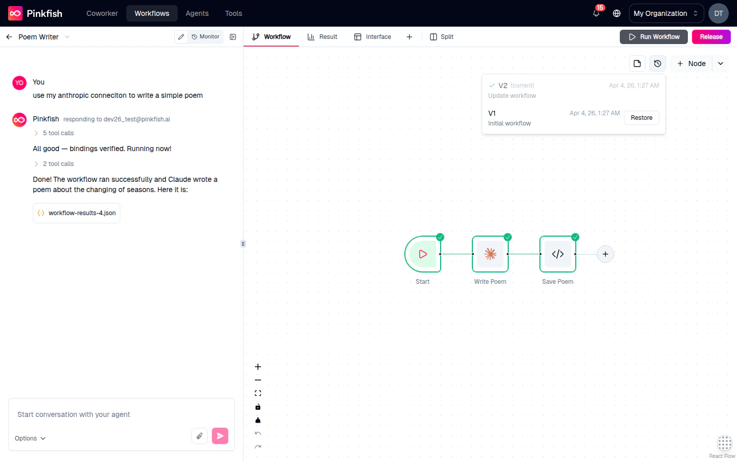 Restore Version dropdown open with V2 (current) marked and a V1 entry with a Restore button, each labeled with a timestamp.