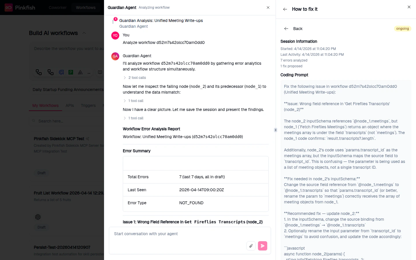 Guardian Agent analysis complete — chat reasoning on the left, error summary and coding prompt on the right