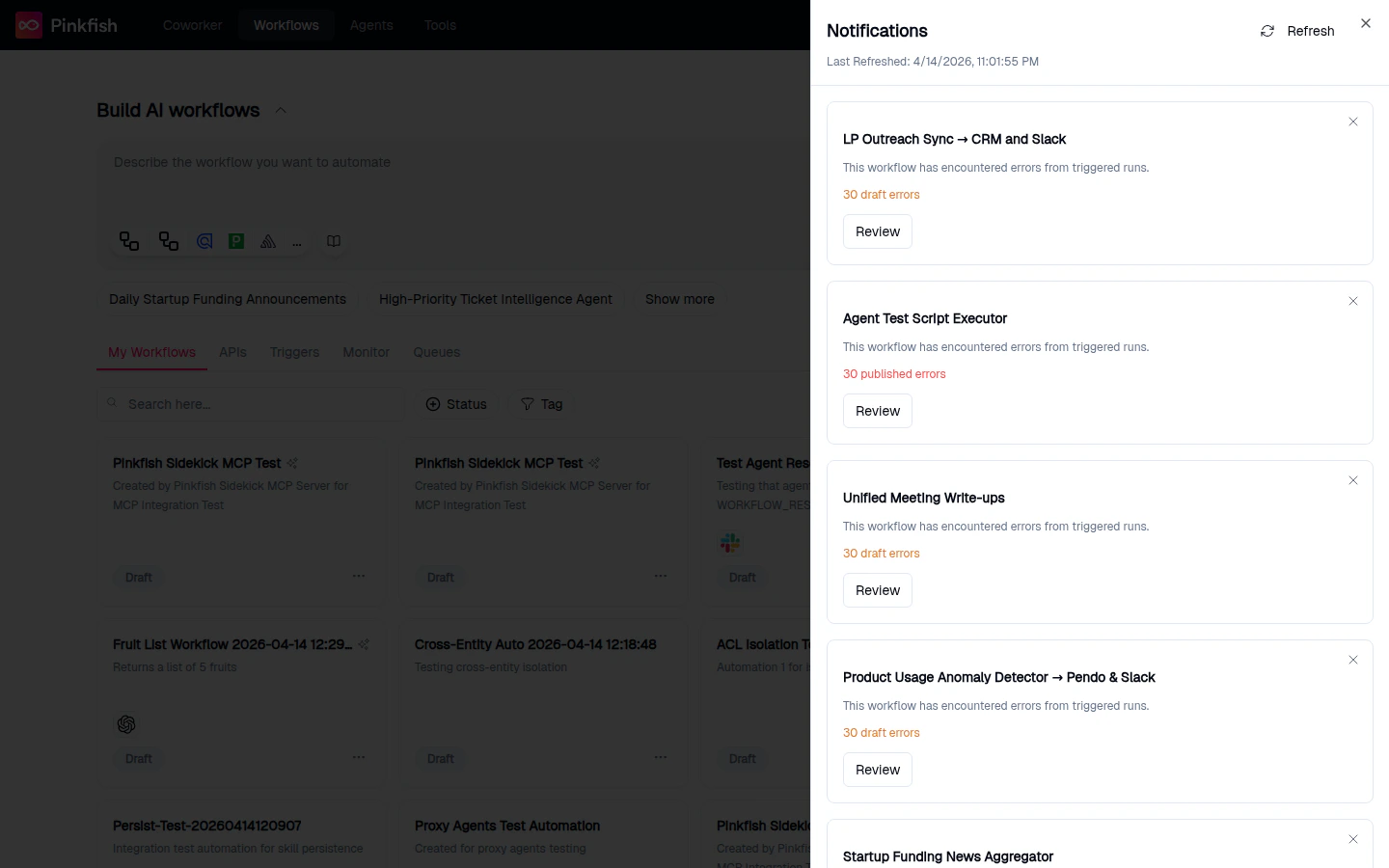Notifications panel showing workflow error cards