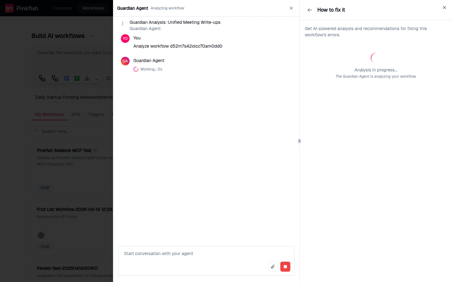 Guardian Agent chat showing the analysis kicking off