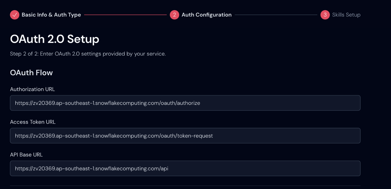 OAuth 2.0 Setup form showing Authorization URL, Access Token URL, and API Base URL fields