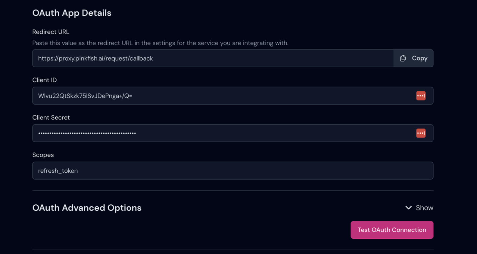 OAuth App Details form showing Redirect URL, Client ID, Client Secret, and Scopes fields