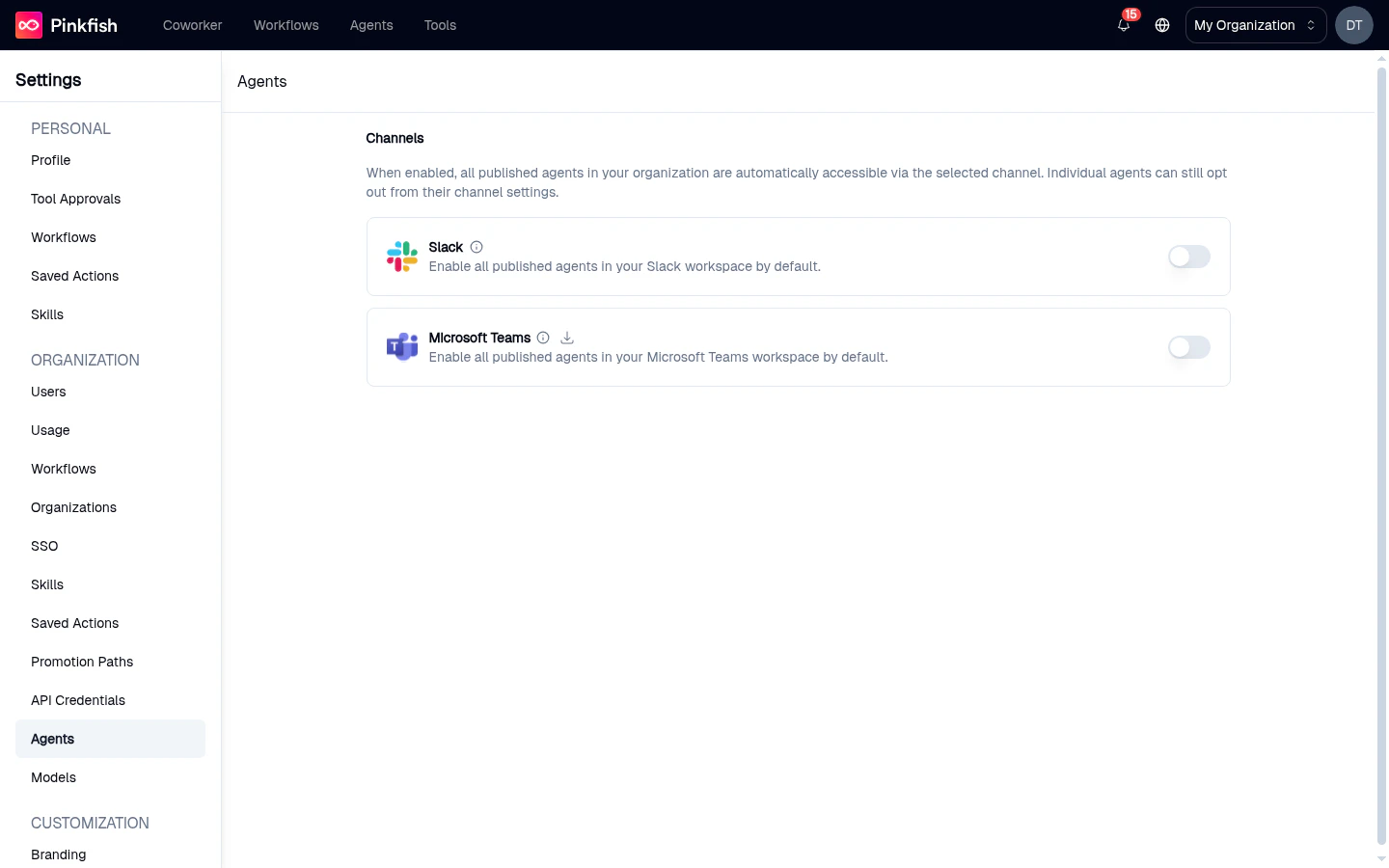 Settings → Agents → Channels with Microsoft Teams toggle