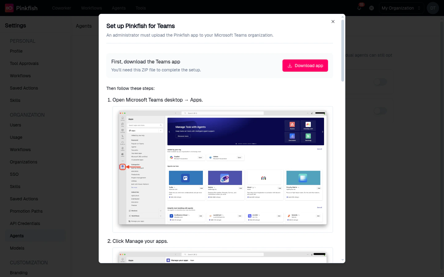 Set up Pinkfish for Teams dialog in the Pinkfish web app