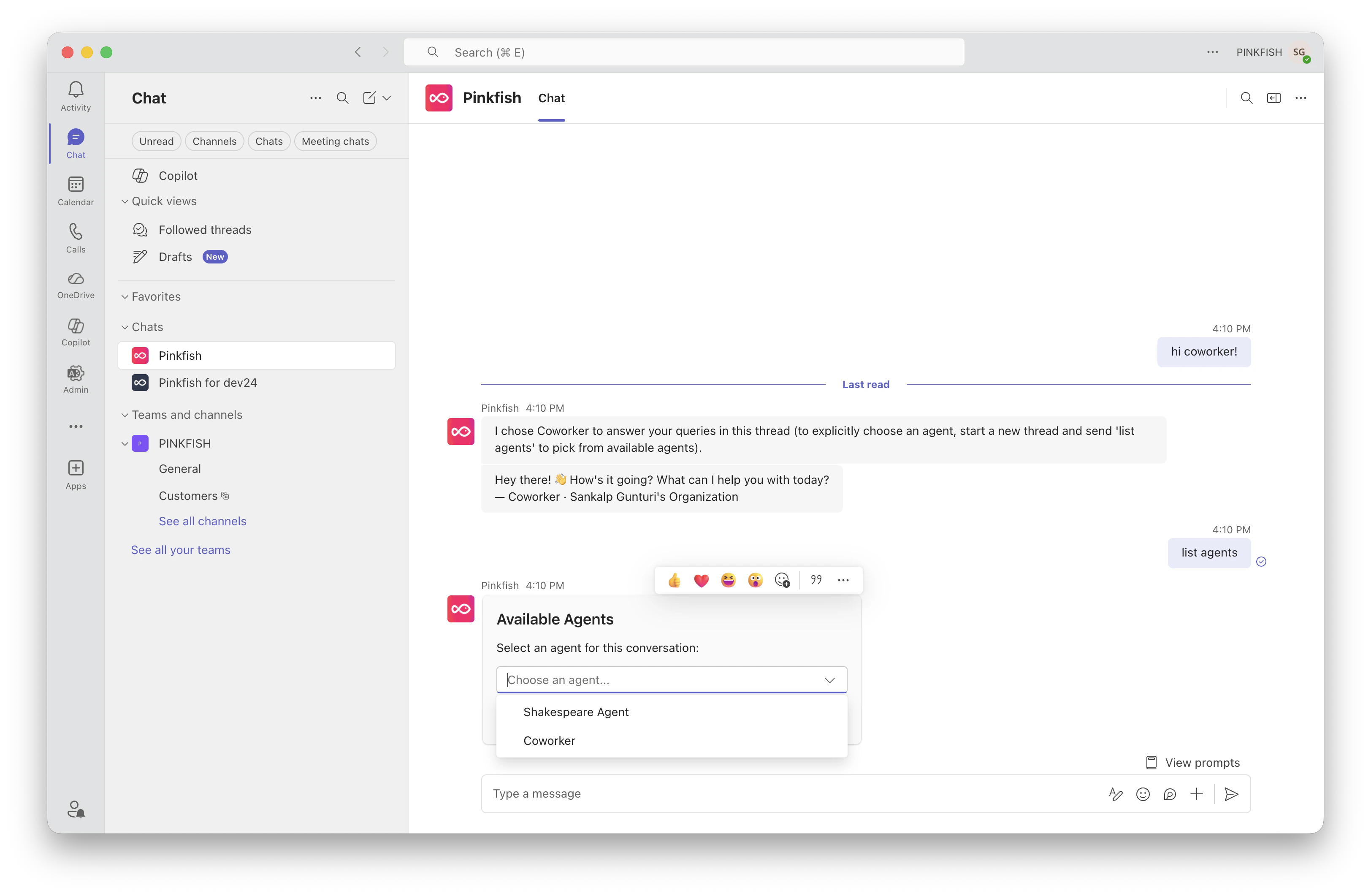 Adaptive Card asking the user to pick an agent