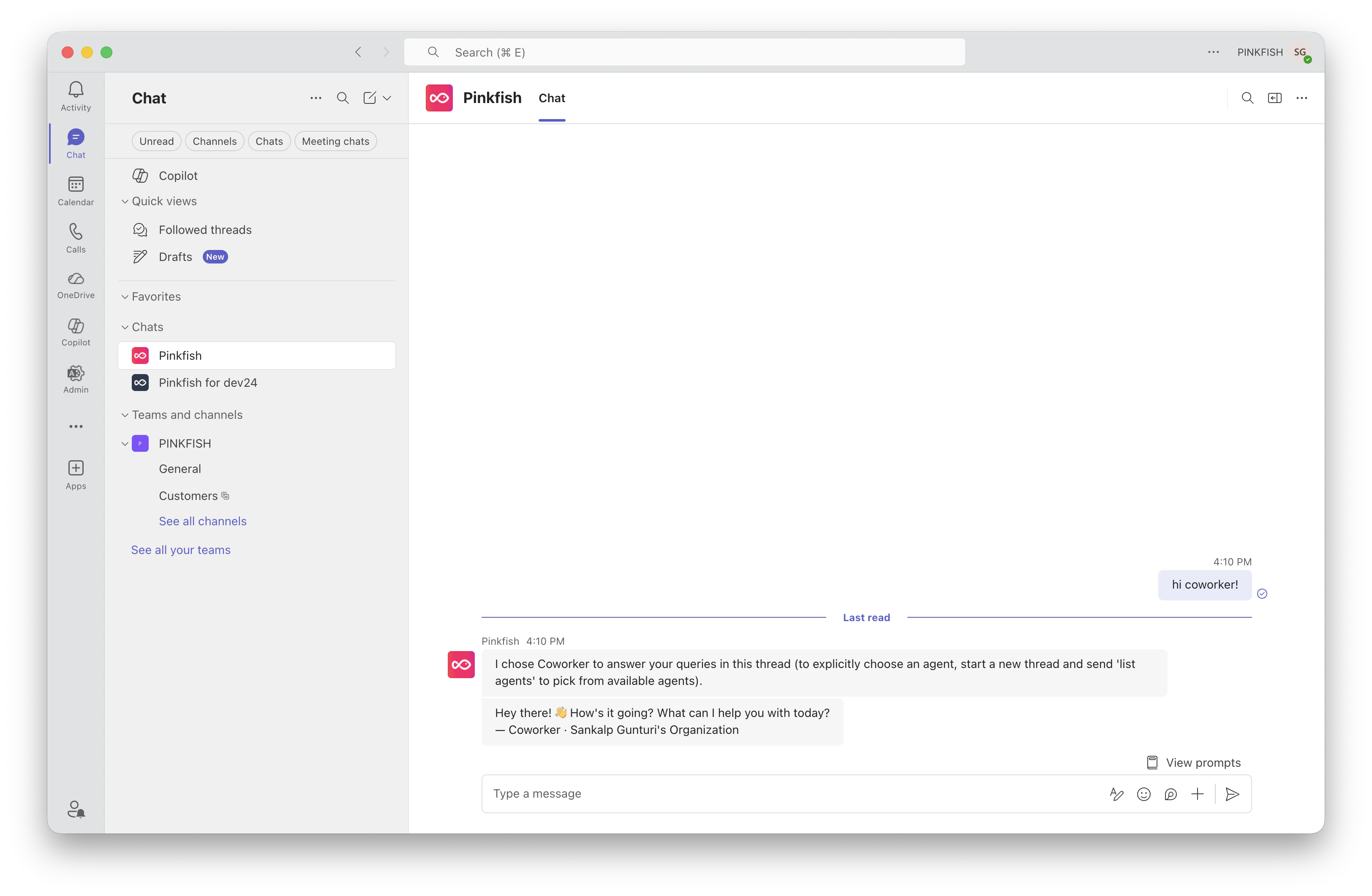 Pinkfish for Teams direct chat with an agent response