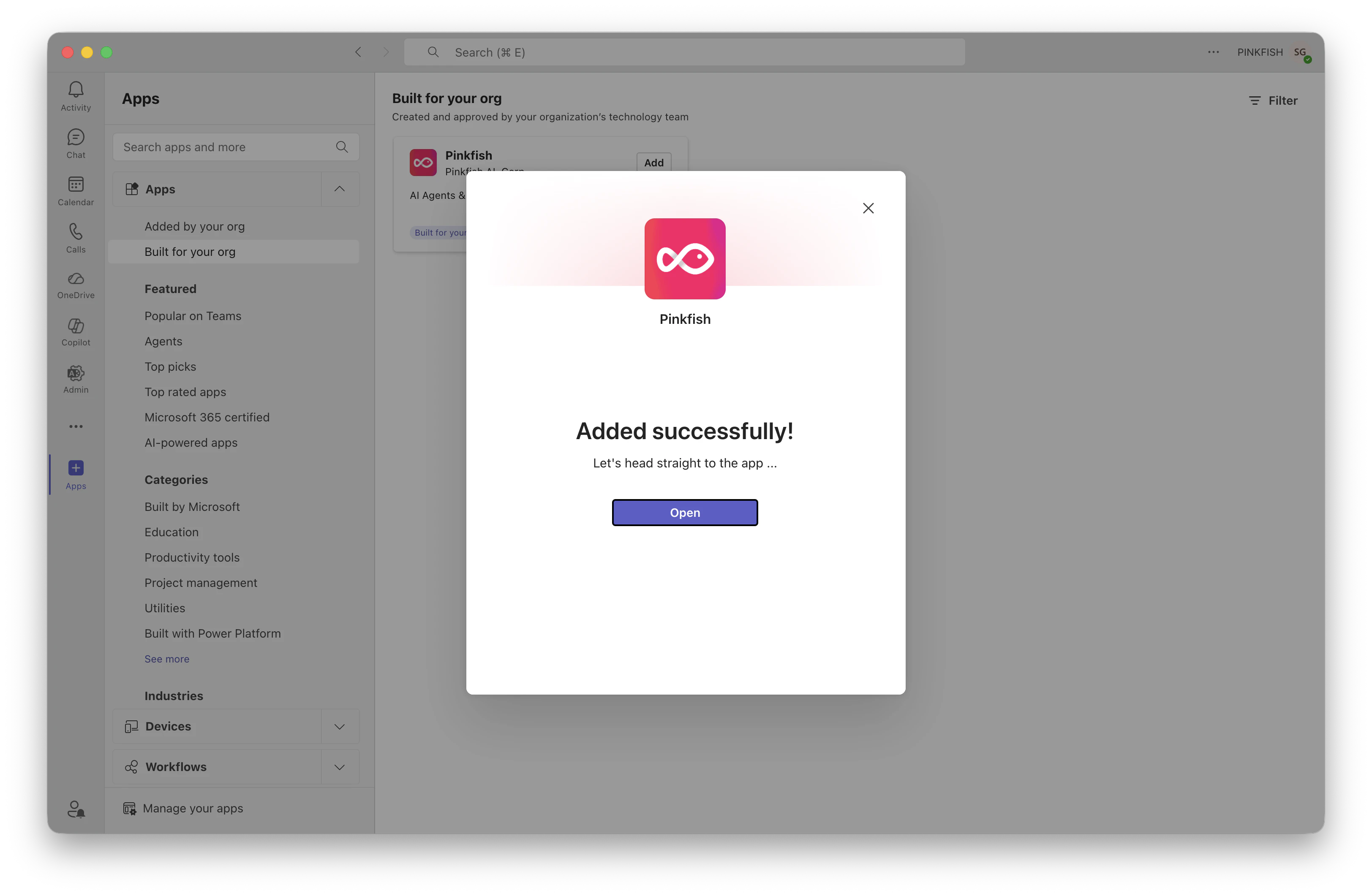 Teams confirmation dialog with Open button