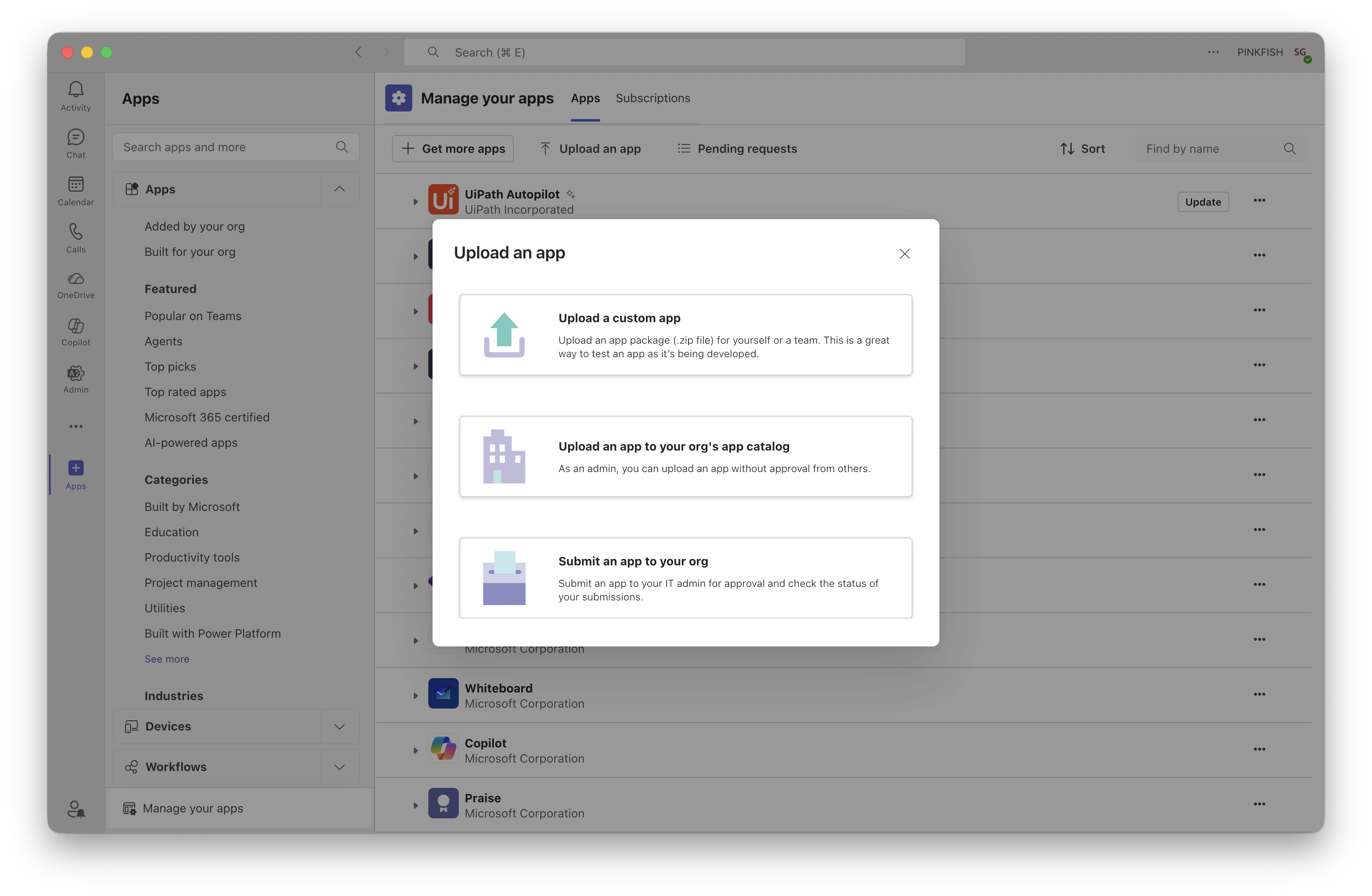 Uploading the Pinkfish ZIP to the Teams org app catalog