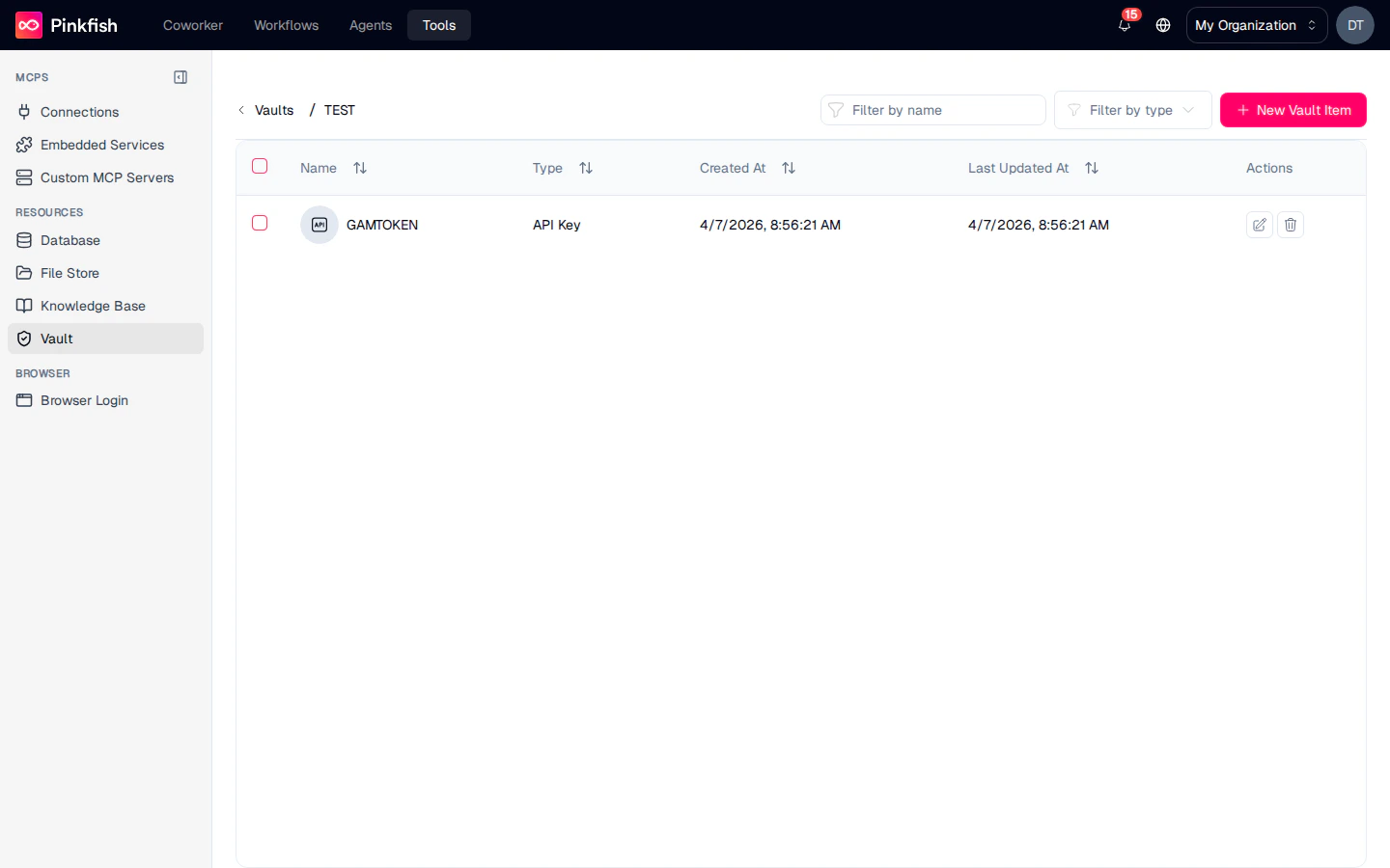 Vault collection — secret list with name, type, timestamps, and filter controls
