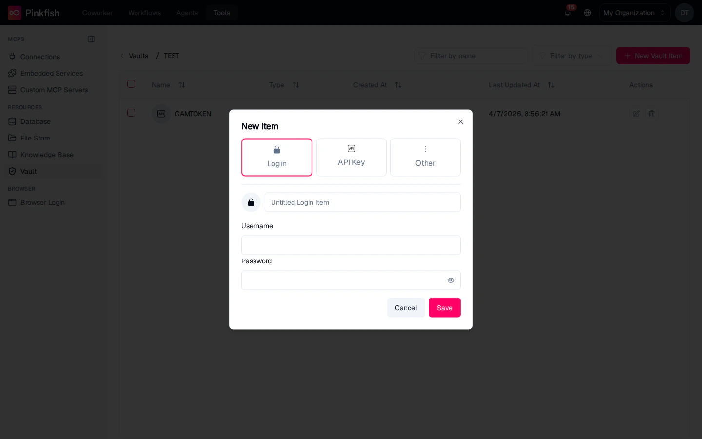 New Item dialog — Login / API Key / Other tabs, with name, username, password fields