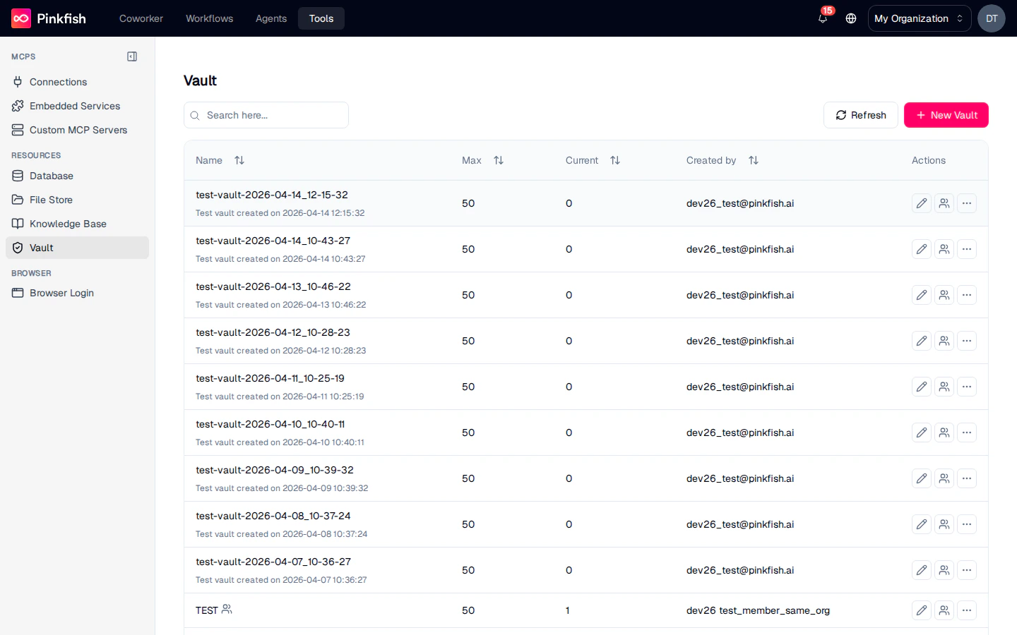 Vault list — collections with max, content count, creator, and the New Vault action