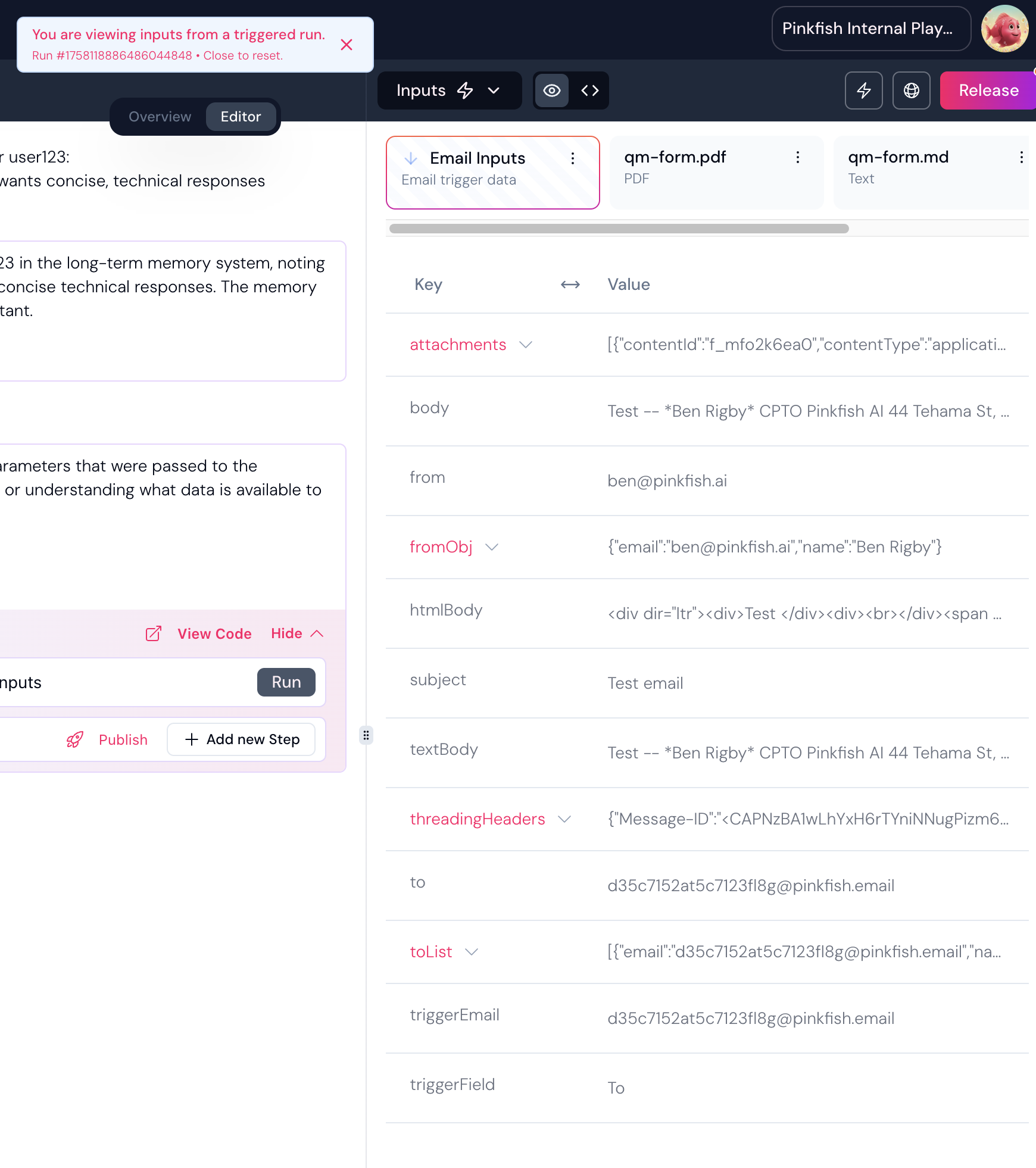 Email trigger configuration modal showing name, access control, approved senders, and release version options