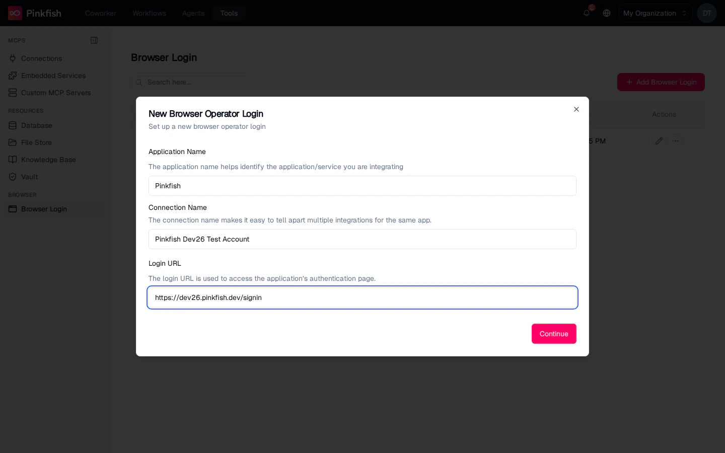 New Browser Operator Login — Application Name, Connection Name, Login URL