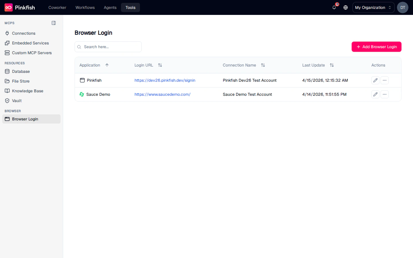 Browser Login list with Application, Login URL, Connection Name, Last Update, and Actions columns