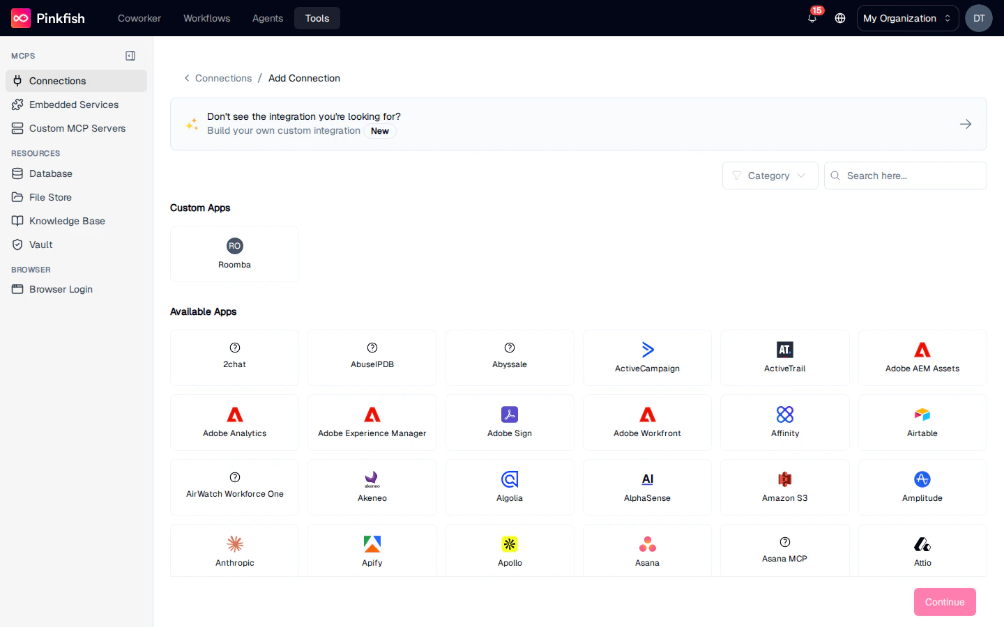 Add Connection picker — Custom Apps section plus the Available Apps grid with category filter and search