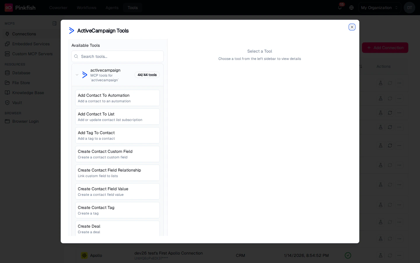 ActiveCampaign Tools dialog — Available Tools list on the left, "Select a Tool" prompt on the right