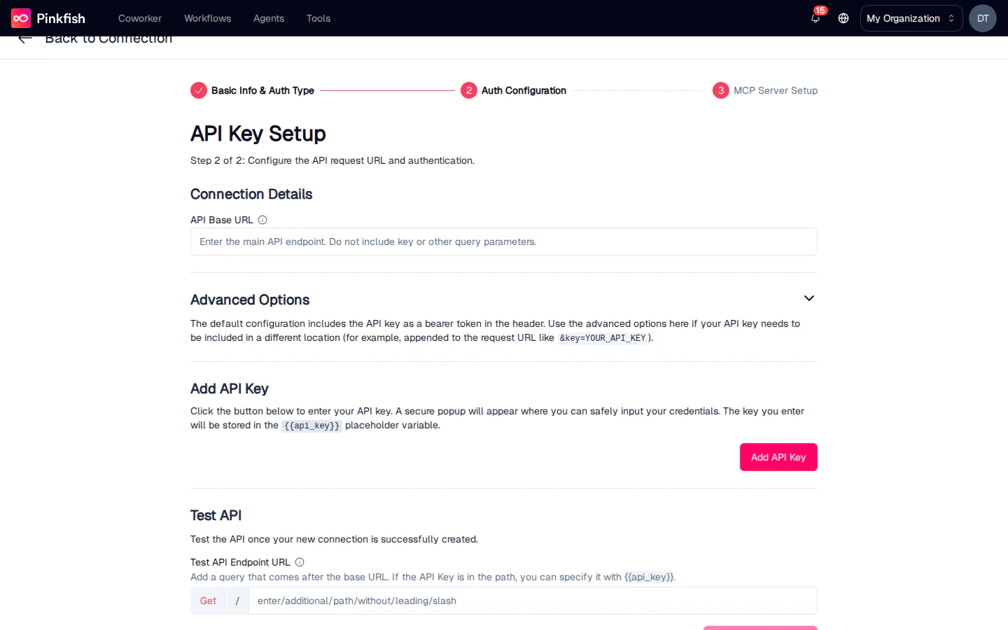 API Key Setup — Connection Details, Advanced Options, Add API Key, and Test API panels
