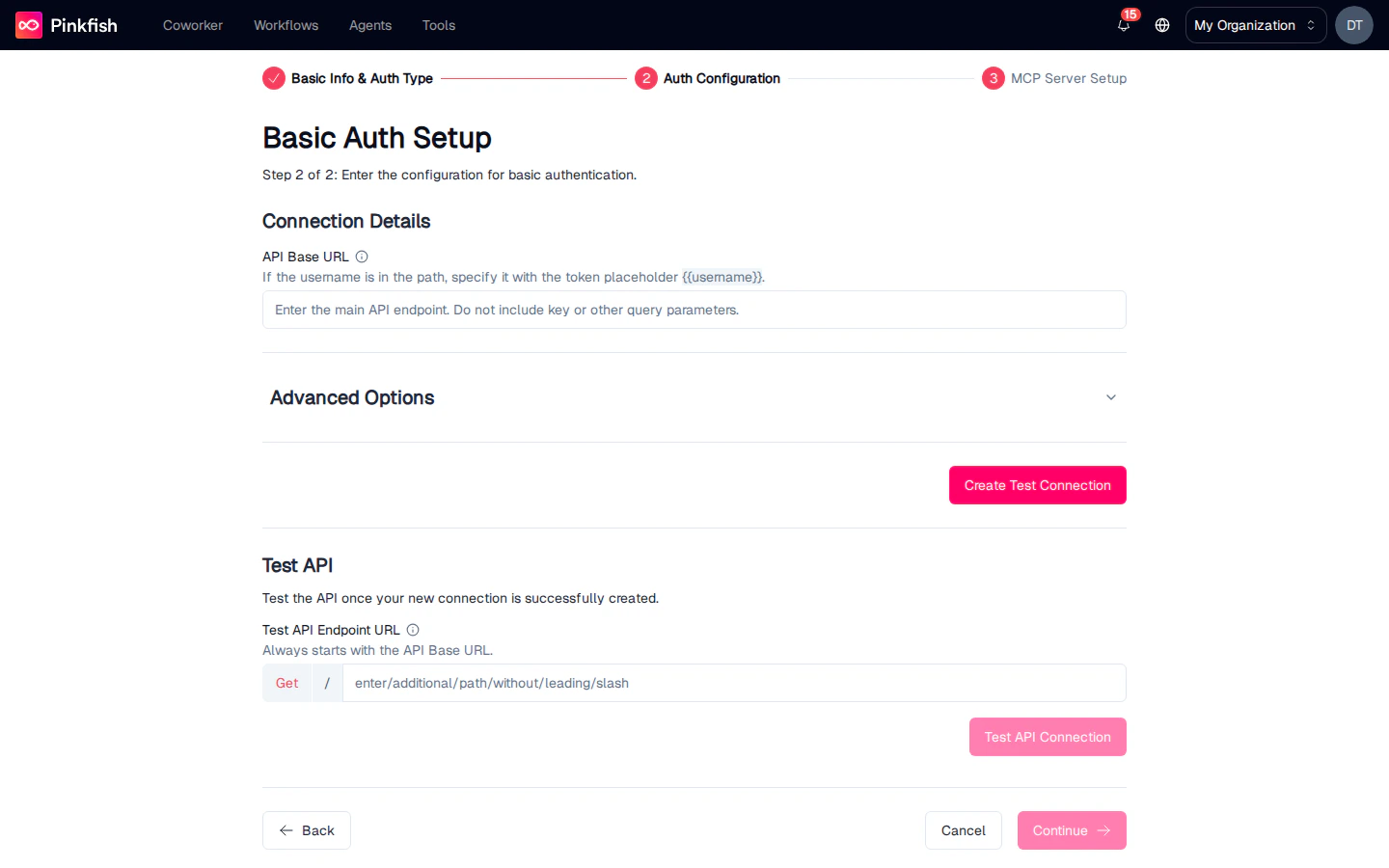 Basic Auth Setup — Connection Details, Advanced Options, Test API