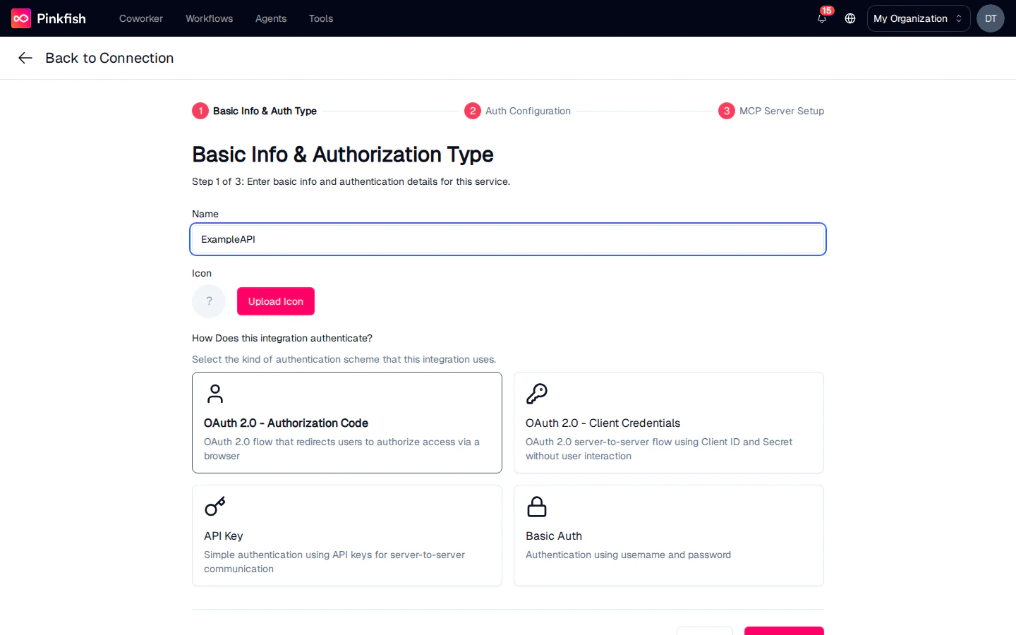 Step 1 — Basic Info & Authorization Type, showing the four auth options as cards