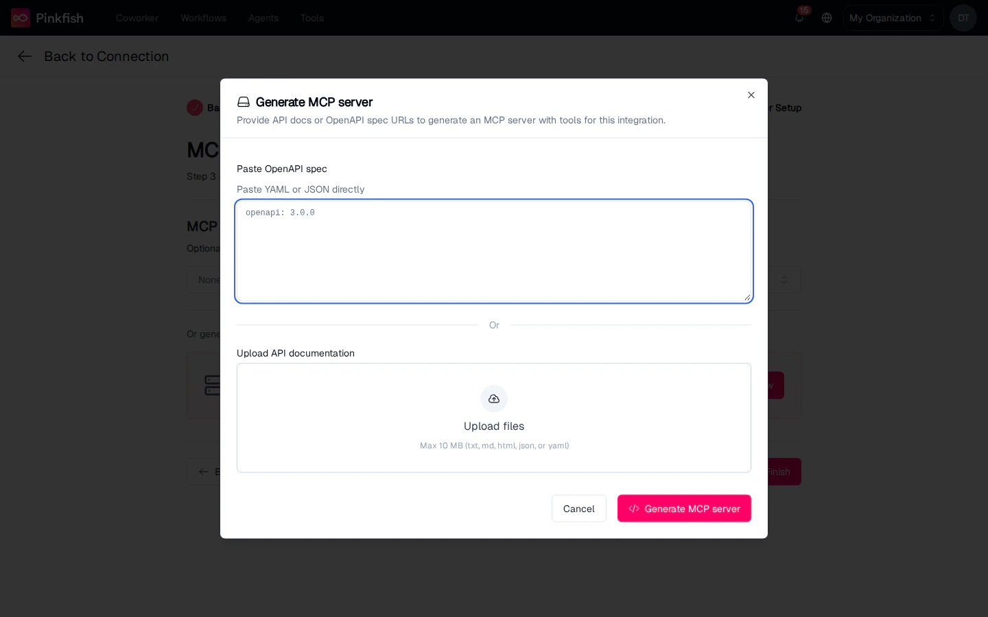 Generate MCP server dialog — paste OpenAPI spec or upload API documentation files