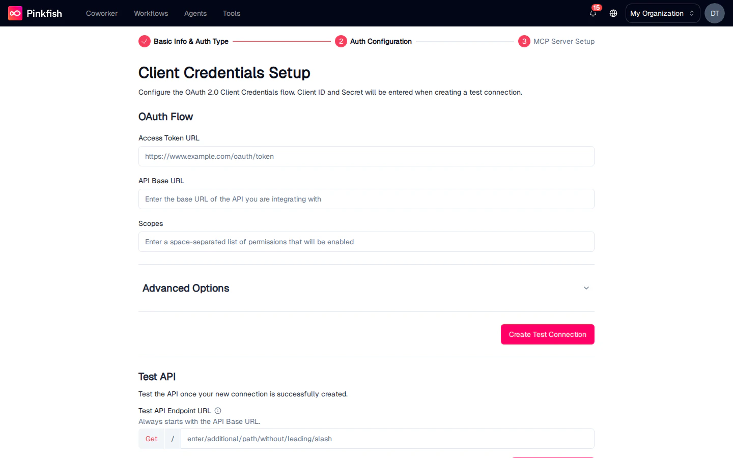 Client Credentials Setup — OAuth Flow URLs, API Base URL, Scopes, Test API