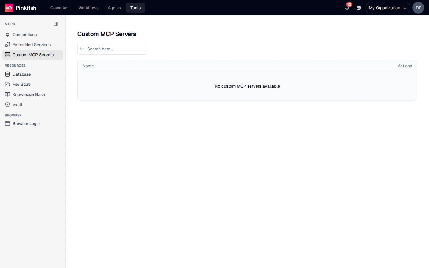 Custom MCP Servers page — list with search and the empty state "No custom MCP servers available"