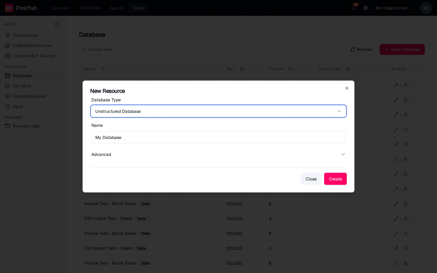 New Resource dialog — Database Type dropdown with "Unstructured Database" selected, Name field, Advanced options