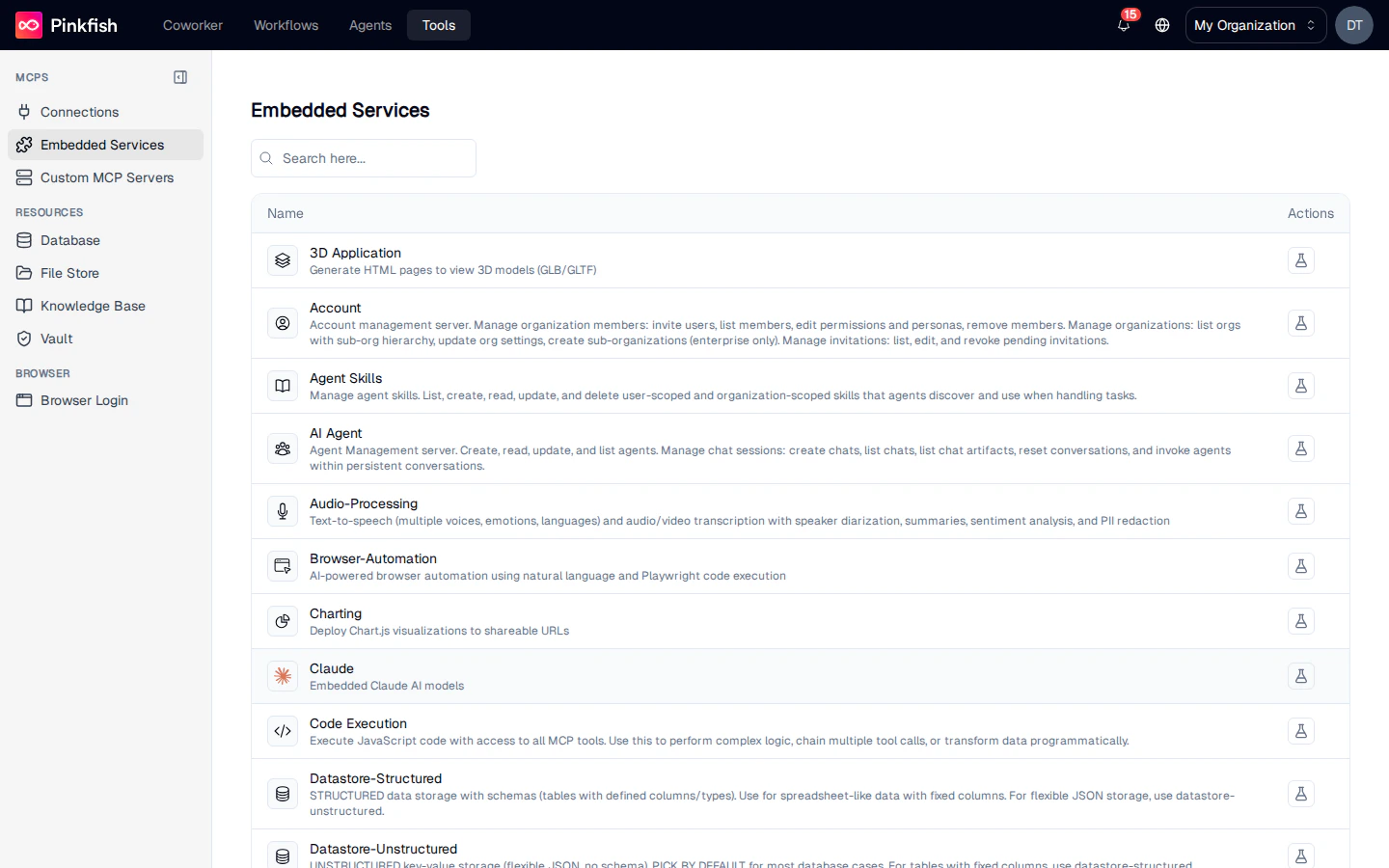 Embedded Services list — each service shown with a description and a Test action