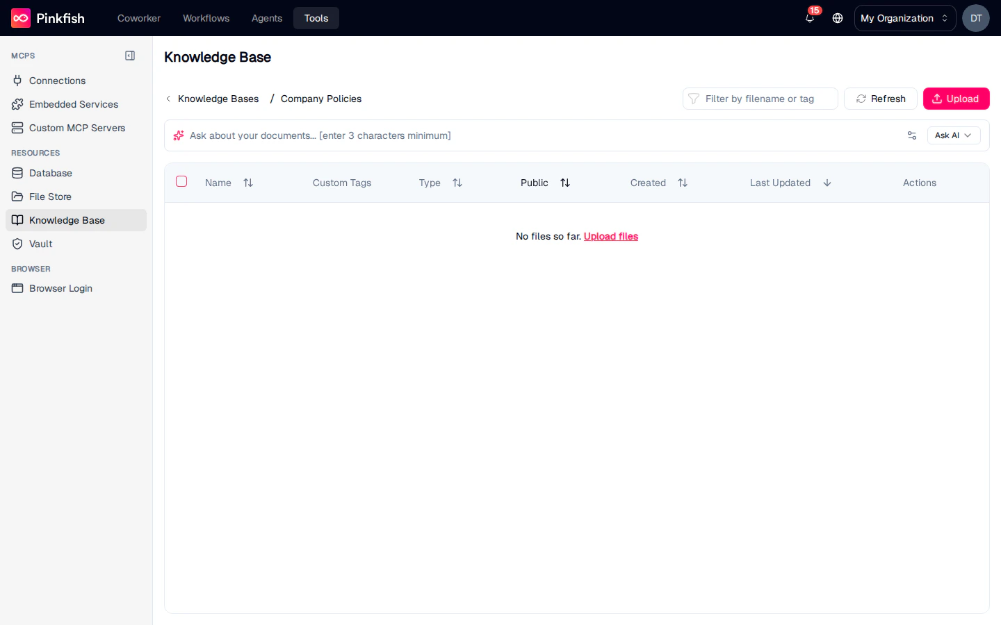 Knowledge Base collection — Ask AI bar, file table with Upload and Ask AI actions