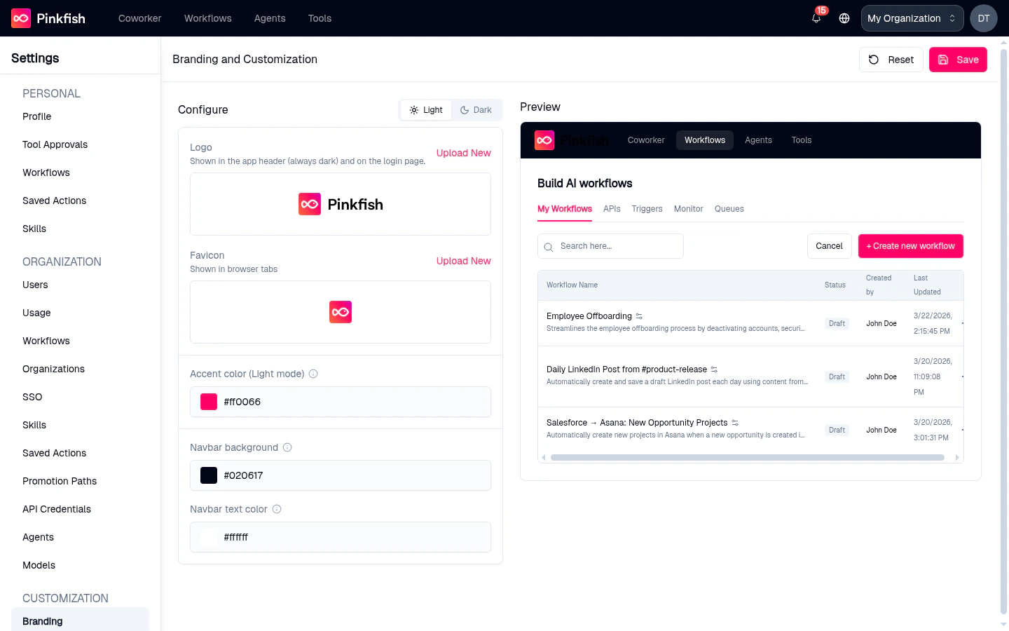 Branding page with the Configure form on the left and the live Preview panel on the right