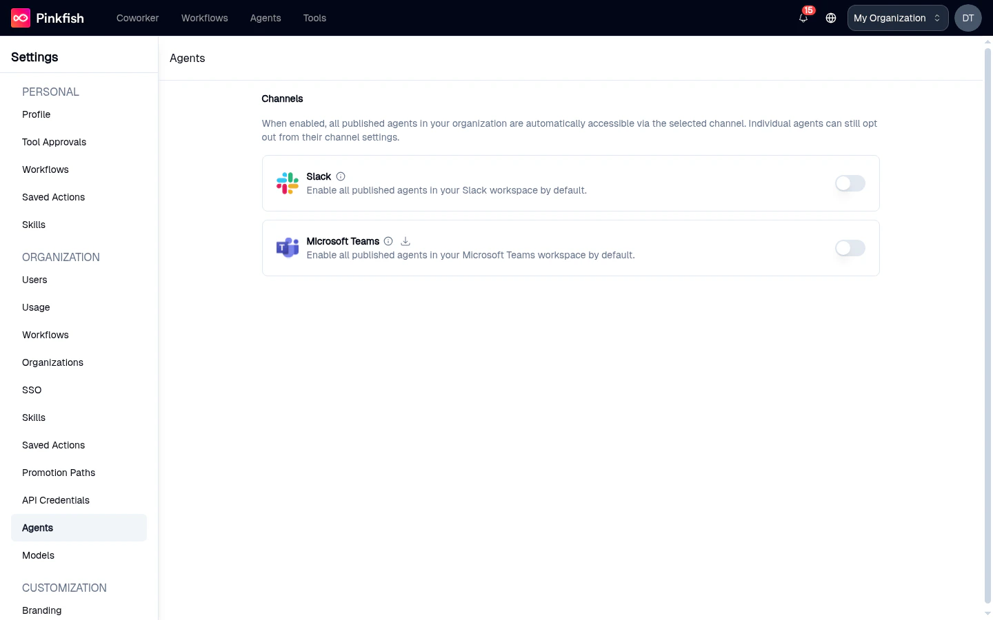 Organization Agents page showing Slack and Microsoft Teams channel toggles