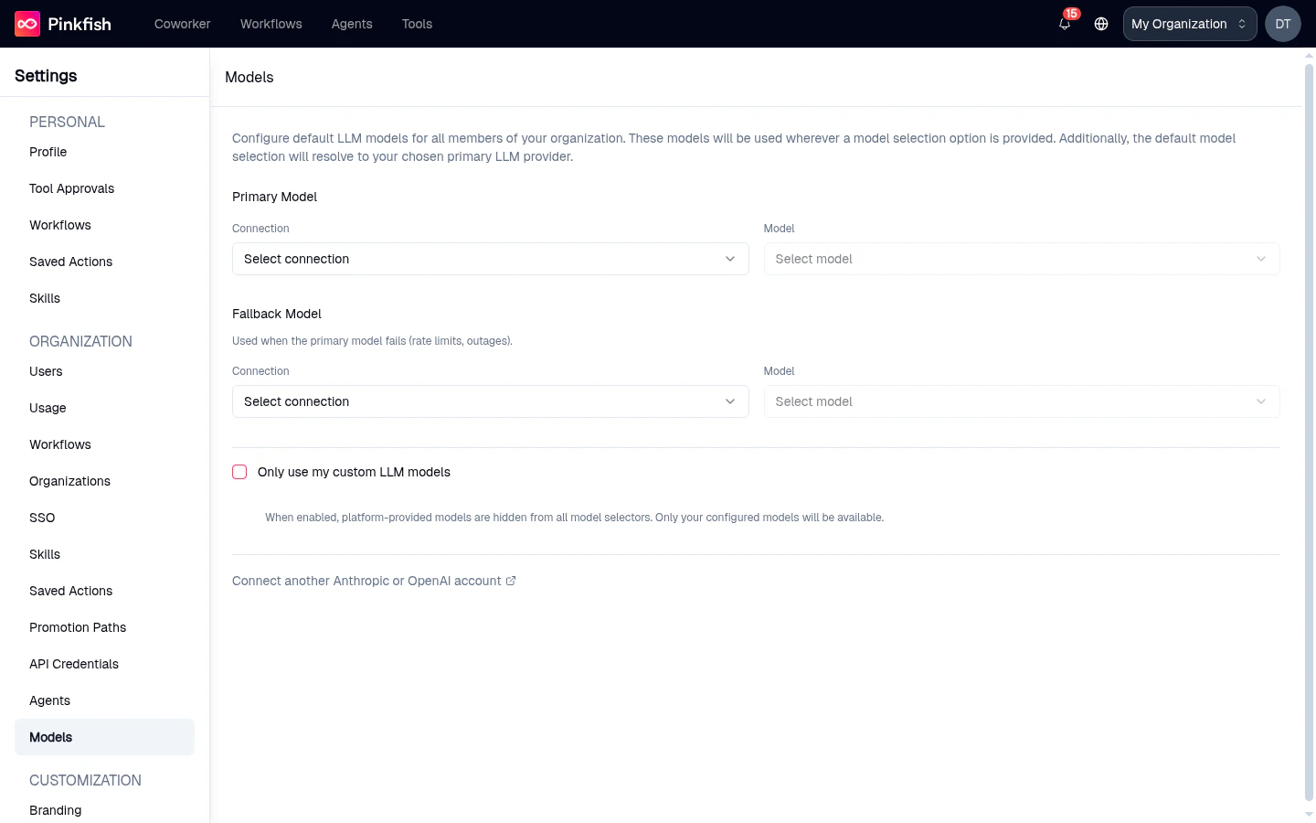 Organization Models page showing Primary and Fallback model dropdowns