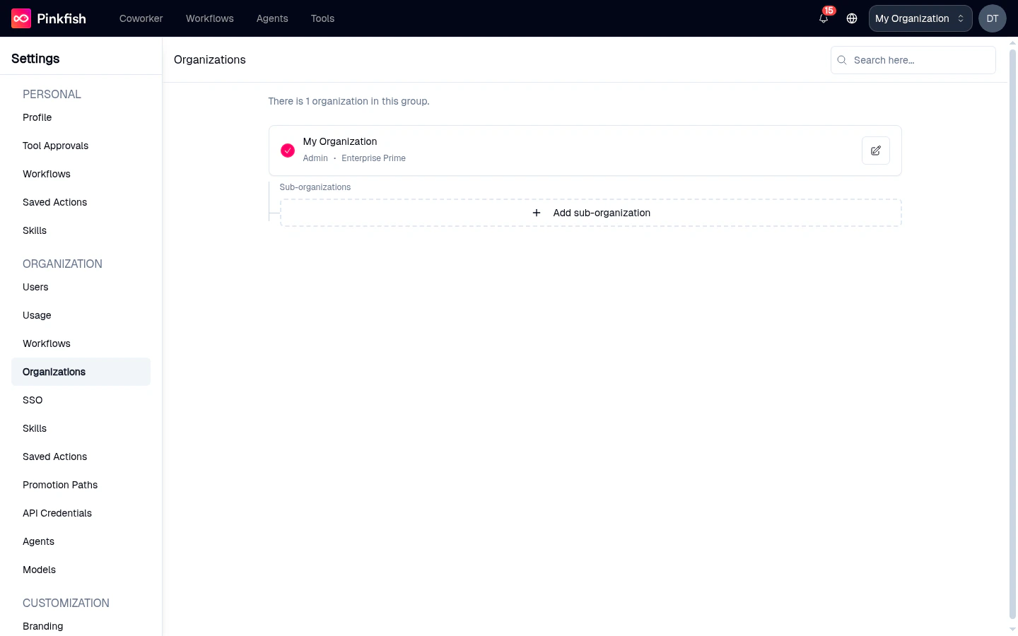 Organization Organizations page showing the parent org card with an Add sub-organization button