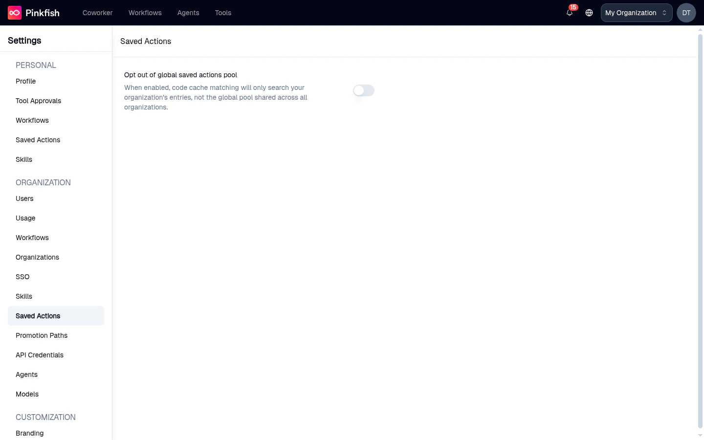 Organization Saved Actions page showing the Opt out of global saved actions pool toggle