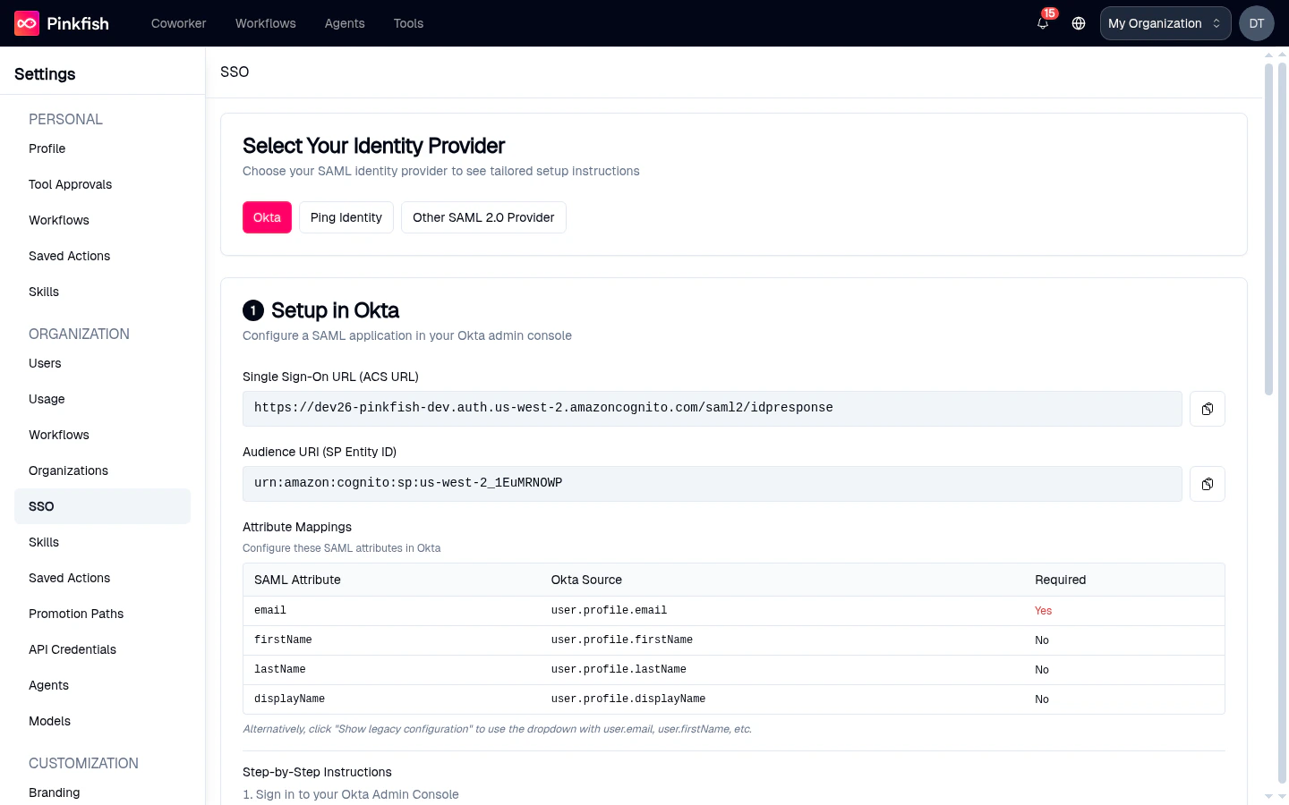 Organization SSO page showing provider picker and Setup in Okta instructions