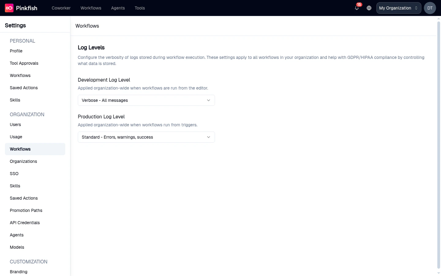 Organization Workflows page showing Development and Production log level dropdowns