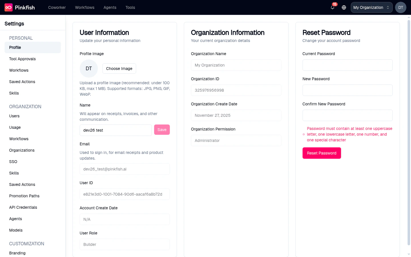 Personal Profile page with User Information, Organization Information, and Reset Password cards