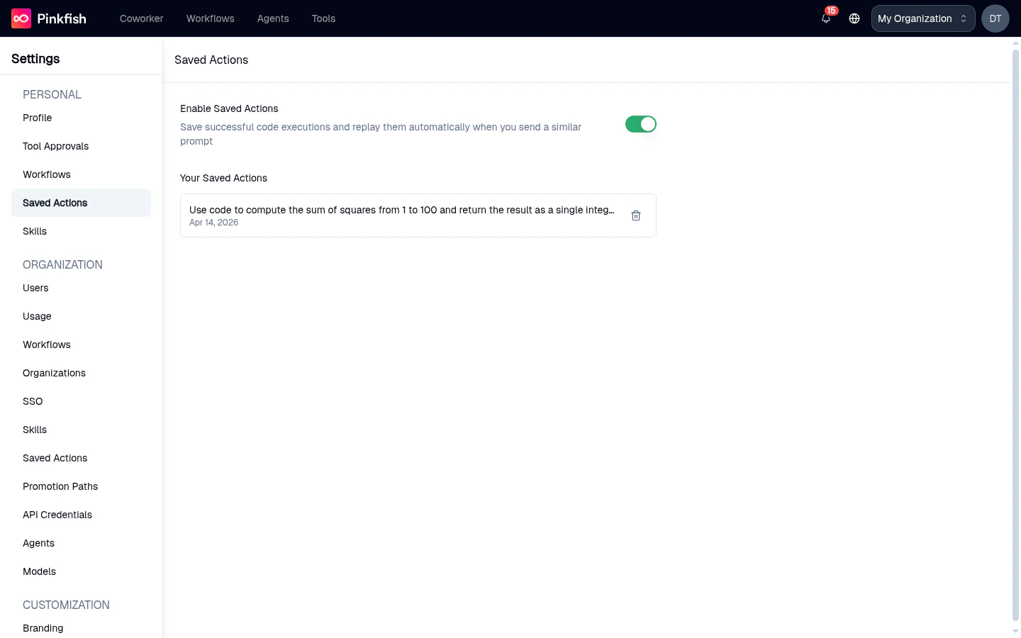 Personal Saved Actions page with the enable toggle on and one saved action row