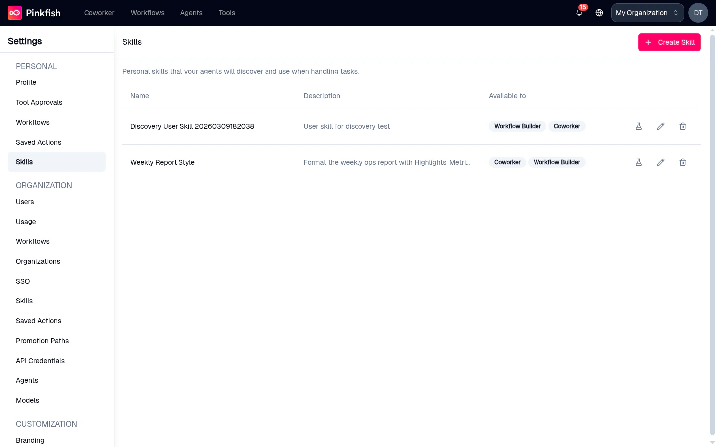 Personal Skills page listing two skills with name, description, and availability badges