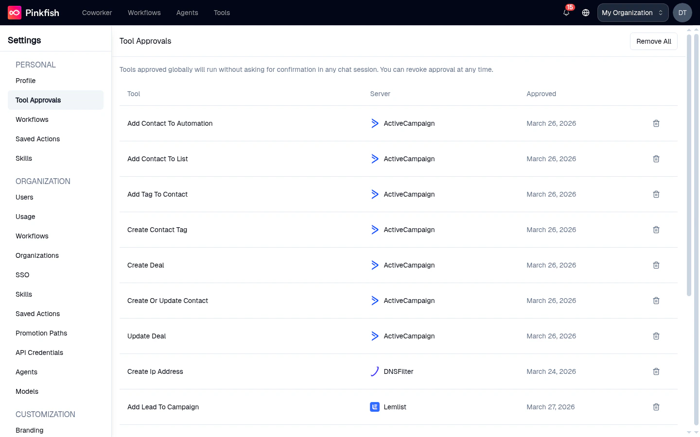 Personal Tool Approvals page listing approved tools with their server logos and approved-on dates