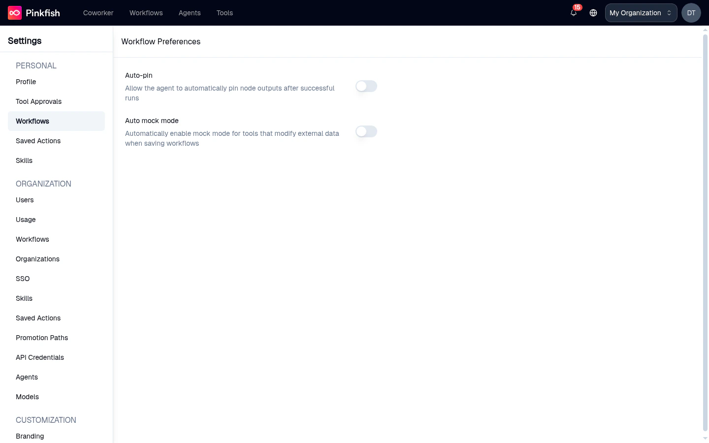 Personal Workflow Preferences page with Auto-pin and Auto mock mode toggles