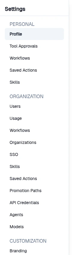 Settings sidebar showing the Personal, Organization, and Customization groups